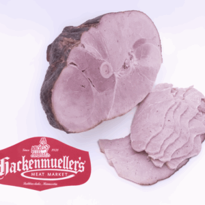 smoked ham with hackenmuellers logo beside it