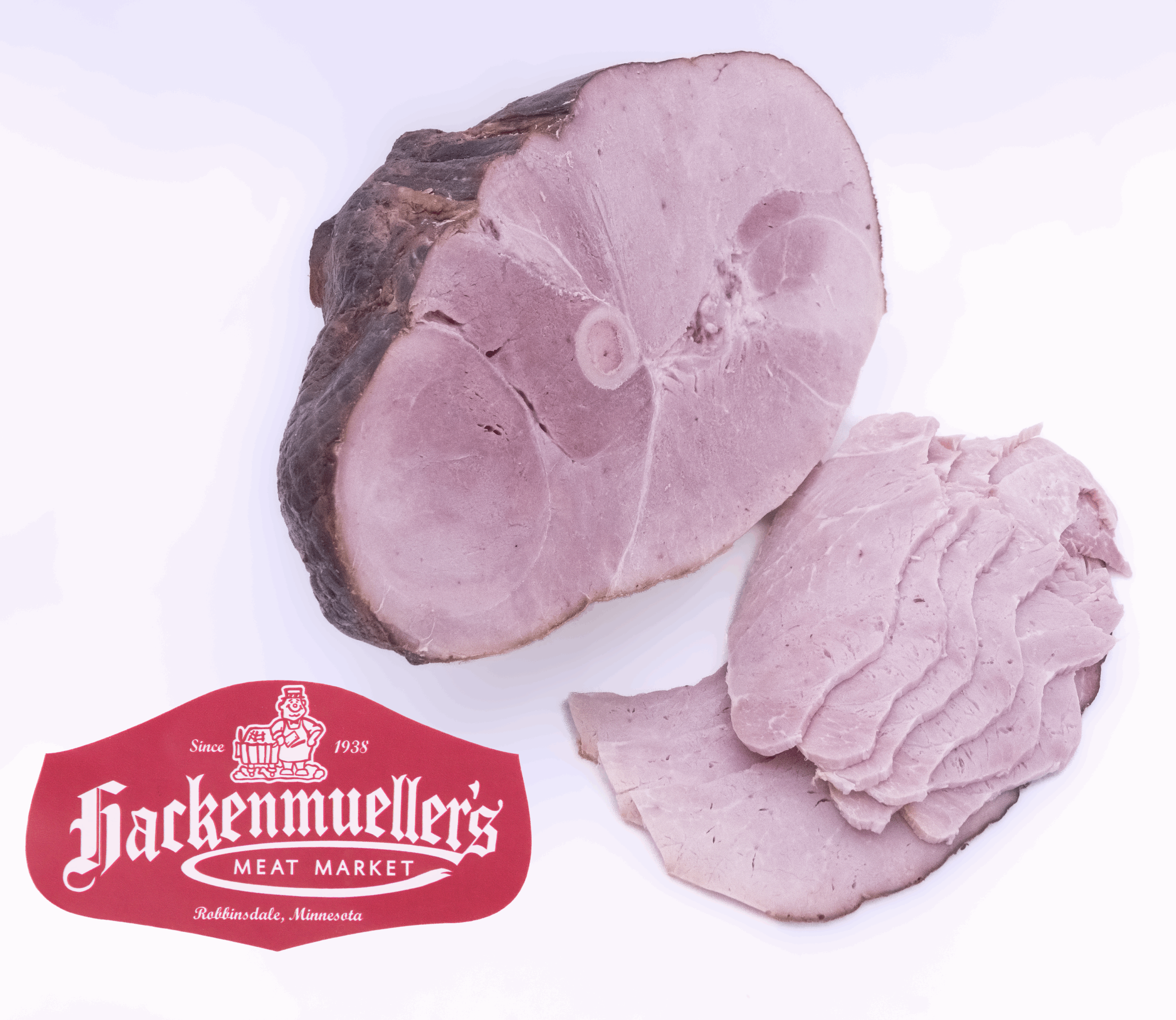 smoked ham with hackenmuellers logo beside it